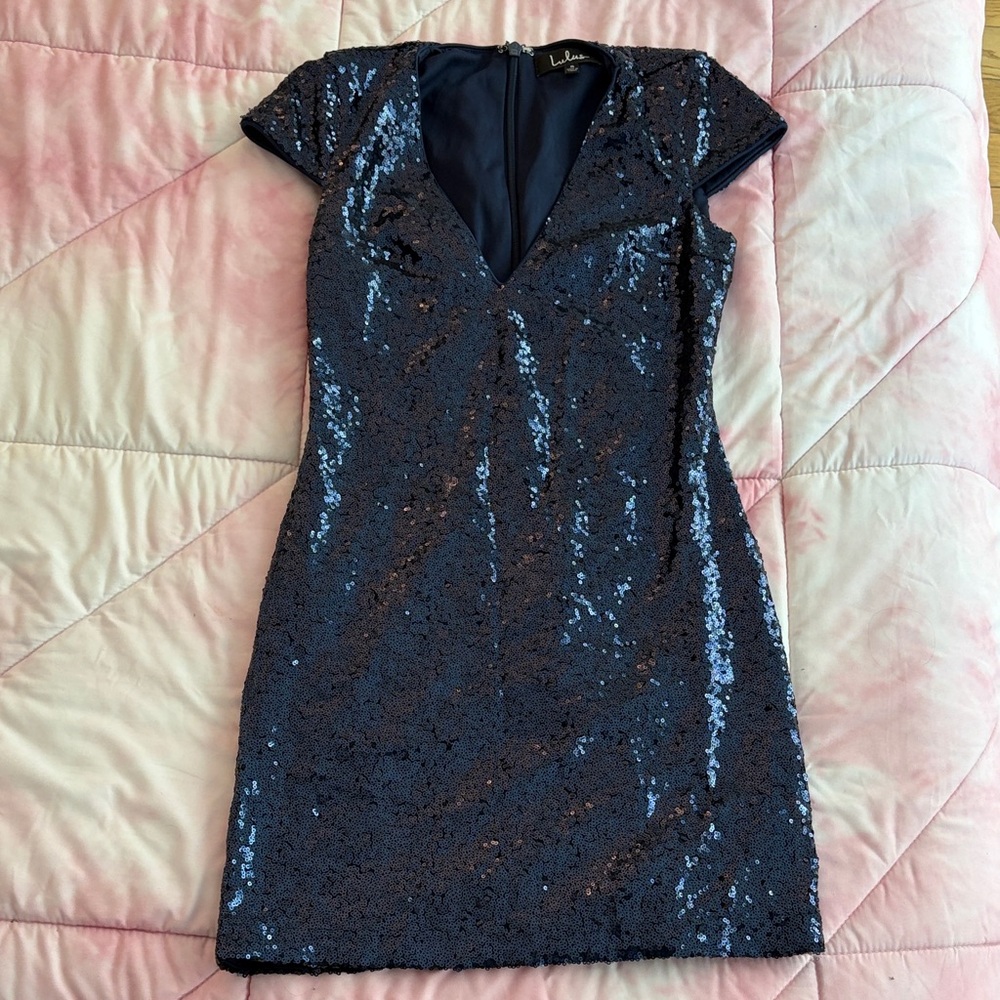 Lulus Blue Sequin V-Neck Cocktail Dress Size Small